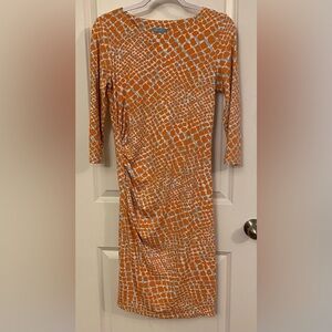 J. McLaughlin Catalina Cloth Dress Sz S 3/4 Sleeves Orange/White/Blue Abstract
